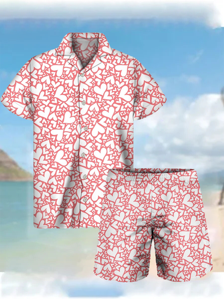 

Valentine's Day LOVE LOVE Hawaiian Shirt Suits, As picture, Men's sets