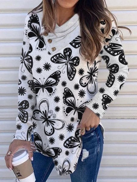 

Loosen Butterfly Casual Shirts & Tops, Gray, Long sleeve tops