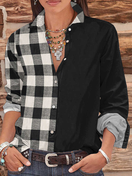 

Grid Casual Regular Fit Long Sleeve Shirts & Tops, Black, Shirts & Blouses