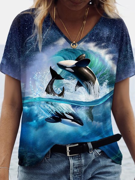 

Dolphin Printed V Neck Casual Loosen Shirts & Tops, Blue, T-Shirts