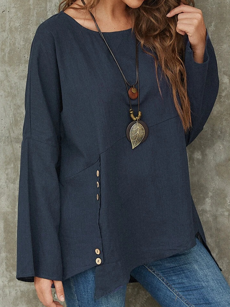 

Linen Crew Neck Irregular craftsmanship Shirts & Tops, Blue, Tops