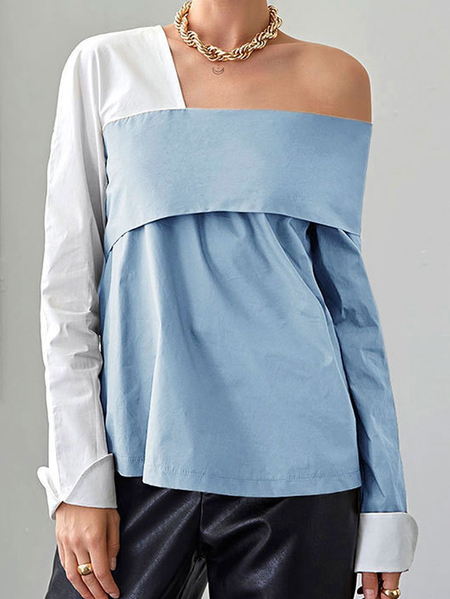 

Loosen Collarless Solid Shirts & Tops, Light blue, Long sleeve tops