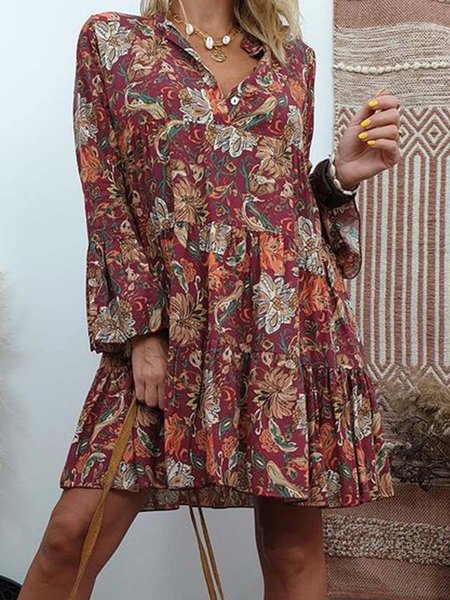 

Floral Regular Fit V Neck Casual Long Sleeve Mini Dresses, Red, Mini Dresses