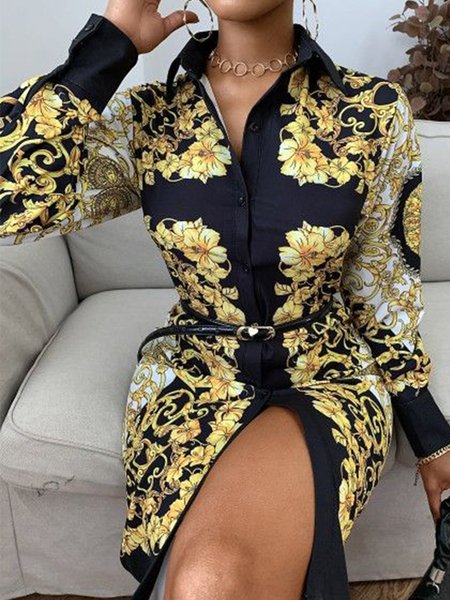 

Lady Long Sleeve Regular Fit Shirt Collar Midi Dress, As picture, Midi Dresses