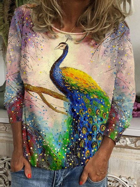 

Peacock Printed Casual Round Neck Long Sleeve Loosen Shirts & Tops, Multicolor, Tops