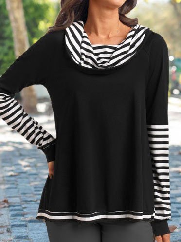 

Striped Pinted Patchework Loosen Off Shoulder Shirts & Tops, Black, Tops