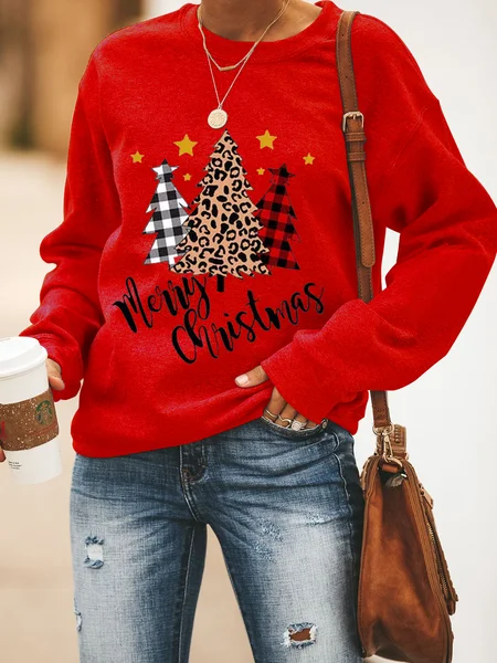 

Merry Christmas Trees Plaid Leopard Printed Women's Sweatshirt, Red, Hoodies&Sweatshirts