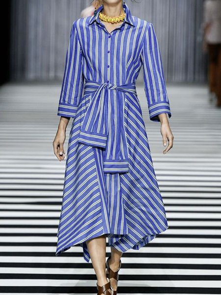 

Daily Shirt Collar Striped Long Sleeve Dress, Blue, Midi Dresses