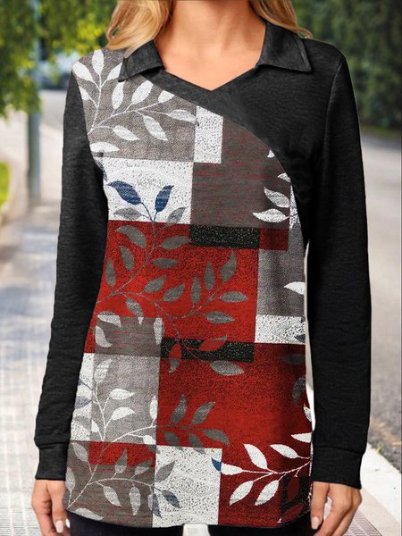 

Casual Plaid Leaves Print Long Sleeve V-neck Tops, Black, Tops