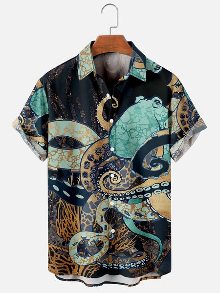 

Hawaiian Retro Men's Casual Short-sleeved Shirt, Blue, Men's Floral shirt