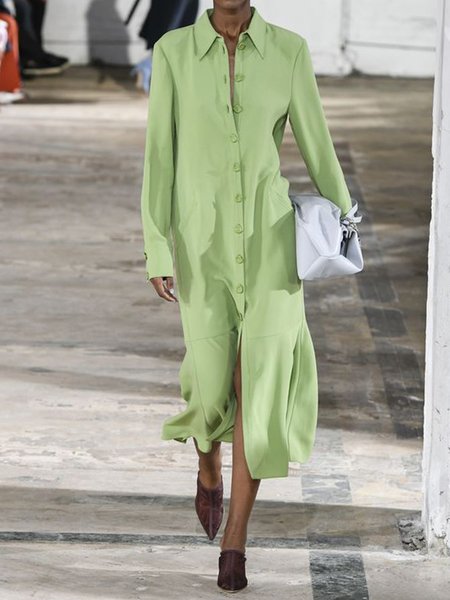 

Buttoned Daily Shirt Collar Elegant Dress, Green, Midi Dresses