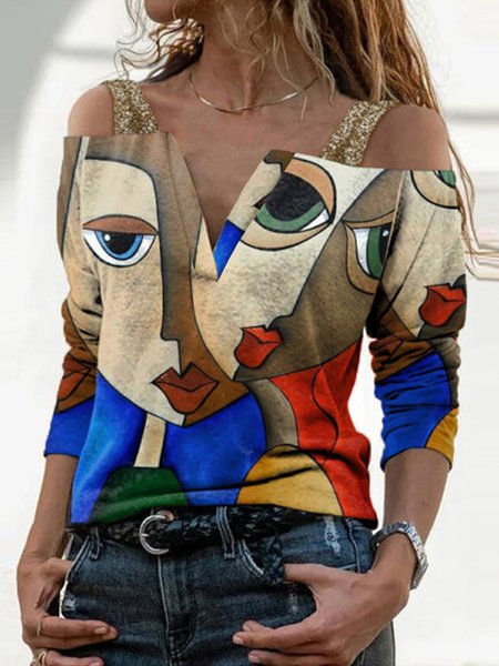 

Spaghetti Casual Cotton Blends T-shirt, As picture, T-Shirts