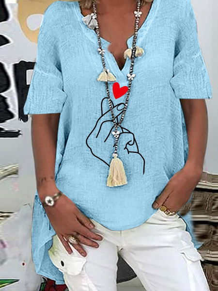 

Heart-shaped V Neck Loosen Half Sleeve Tops, Blue, Tops