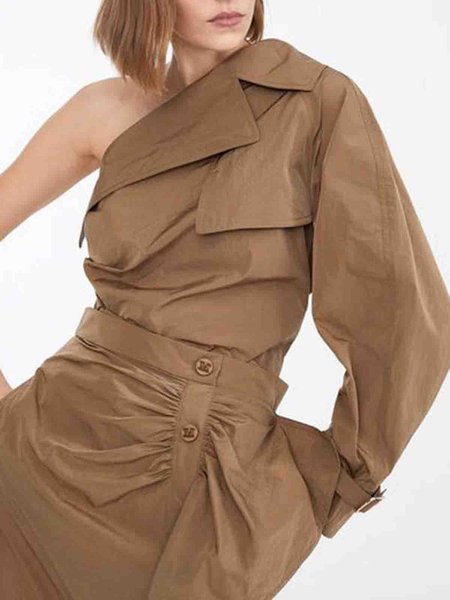 Regular Fit One Shoulder Solid Top, Khaki, Tops