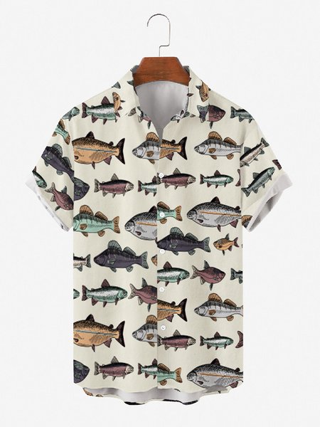 

Mens Fishes Print Casual Breathable Loose Short Sleeve Hawaiian Shirts, White, Men's Floral shirt