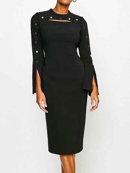 

Elegant Crew Neck Solid Slit Dress, Black, Midi Dresses