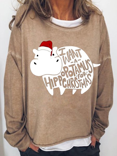 I Want A Hippo For Christmas Casual Letter Regular Fit Sweatshirt, Khaki, Hoodies&Sweatshirts