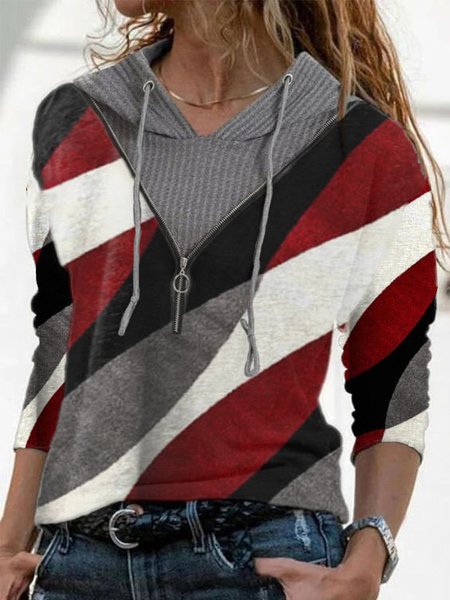 

Hooded Loosen Geometric Shirts & Tops, Red, Long sleeve tops