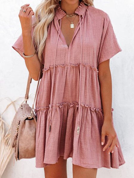 

Notched Solid Cotton Dresses, Pink, Mini Dresses