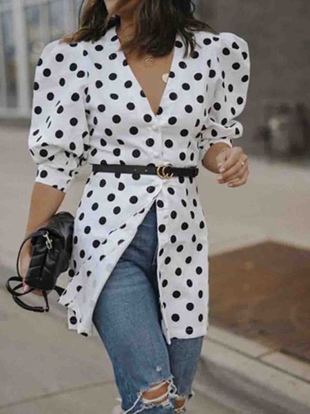 

V neck Puff Sleeve Regular Fit Top, White, Blouses and Shirts