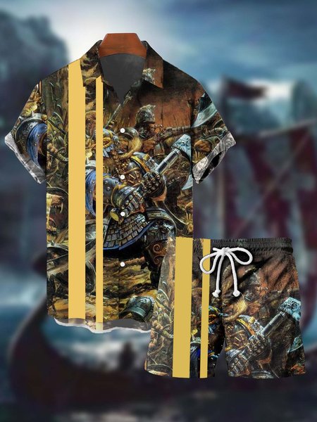

Viking Stripe Contrast Print Men's Suit, As picture, Men's sets