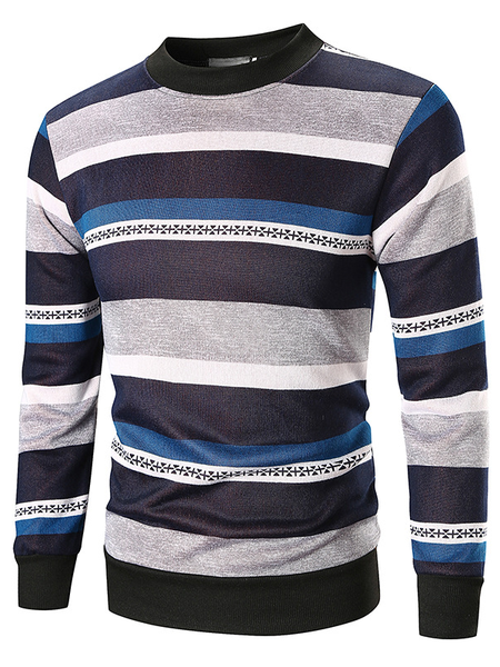 

Men's Striped Graphic Thickened Round Neck Long Sleeve Sweater, Blue, Sweater