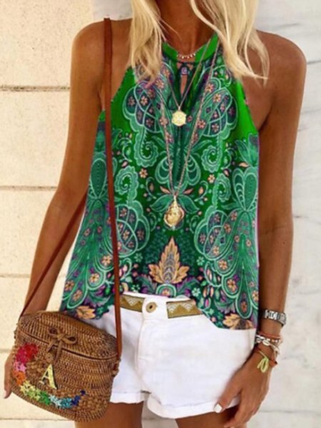 

Women's GoNeck Sexy Hawaiian Boho Topsing out Bohemian Theme Blouse Tank Top Floral Graphic Print Halter, Green, Tanks & Camis