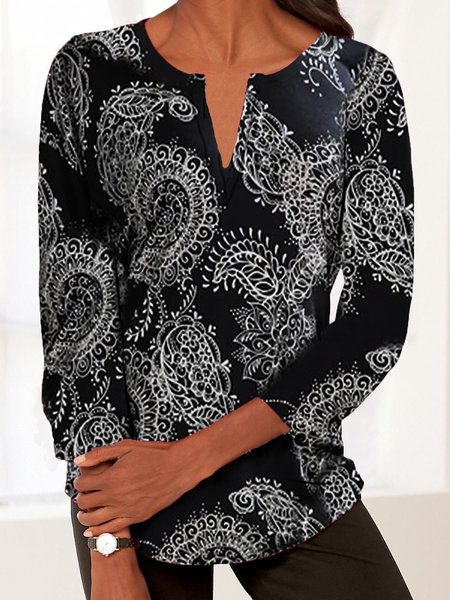 

Notched Neck Paisley Boho Long Sleeve T-shirt, Black, T-Shirts