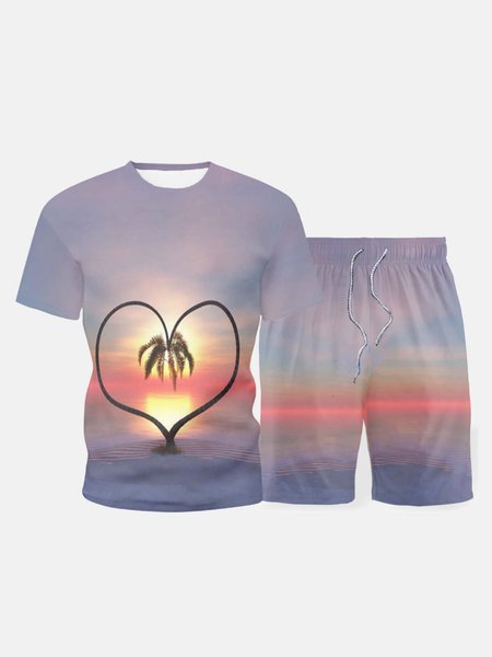 

Valentine's Day Fun Love Painting Print Short Sleeve T-shirt Men's Suit, As picture, Men's sets