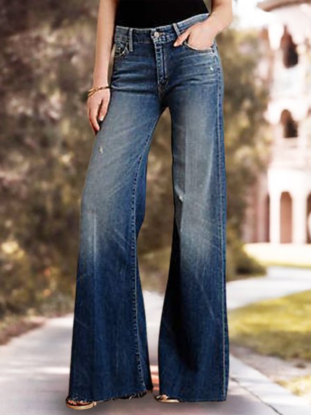 

Plus Size Vacation Mid Waist Loosen Denim Pants, Blue, Pants