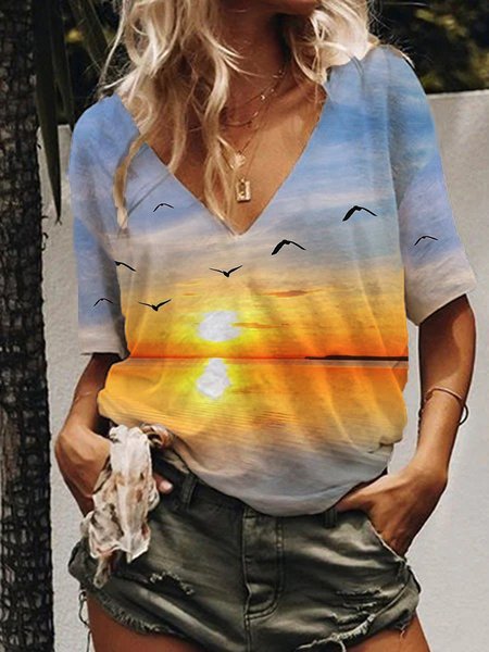 

Landscape Print V Neck Casual Loosen Shirts & Tops, As picture, T-Shirts