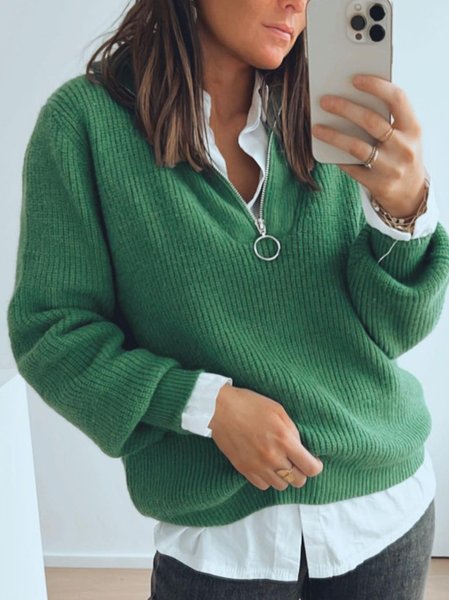 

Casuale e confortevole Cerniera Risvolto maglione, Verde, Sweater