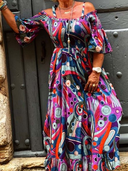 

Off The Shoulder Geometric Regular Fit Dresses, As picture, Maxi Dresses