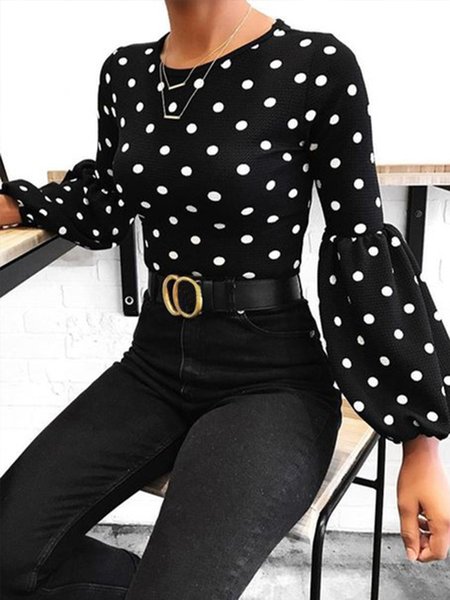 

Elegant Crew Neck Polka Dots Top, Black, Tops