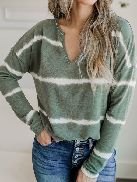 

Striped Long Sleeves V Neck Plus Size Casual Tops, Green, T-Shirts
