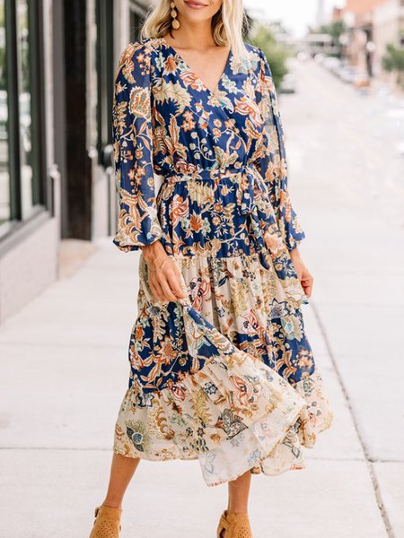 

Floral Loosen V Neck Long Sleeve Maxi Dresses, Blue, Midi Dresses
