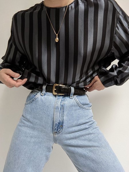 

Crew Neck Loosen Striped Top, Black, Blouses and Shirts