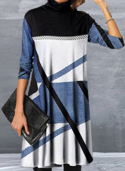 

Casual Cotton Blends High Neck Dresses, Blue, Casual Dresses