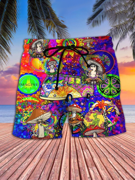 Hawaii vacation hippie mushroom print beach pants, Multicolor, Men's shorts
