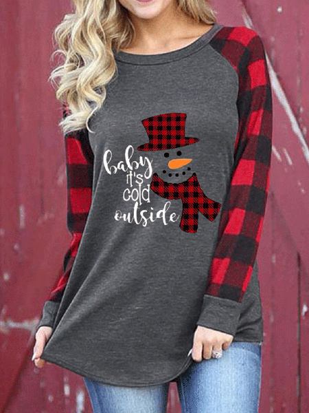 

Casual Crew Neck Christmas Snowman Shirts & Tops, Color1, T-Shirts