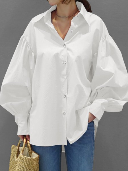 

Daily Solid Long sleeve Shirt Collar Top, White, Blouses and Shirts