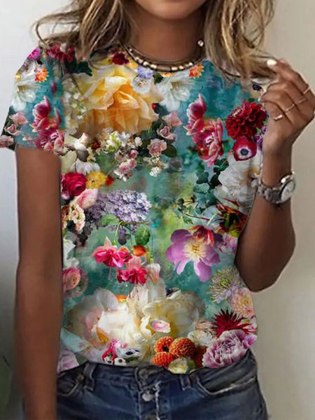 

Casual Short Sleeve Crew Neck Printed Top, Multicolor, T-Shirts