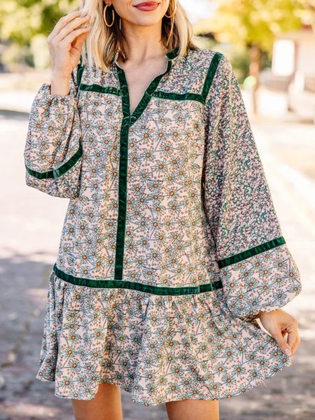 

Boho V Neck Floral Loosen Long Sleeve Mini Dresses, As picture, Mini Dresses