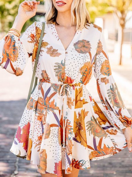 

V Neck Floral Dresses, White, Mini Dresses