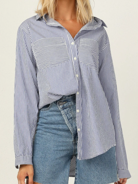 

Casual Household Daily Vintage Striped Loosen Vacation Shirts & Tops, Purplish blue, Shirts & Blouses