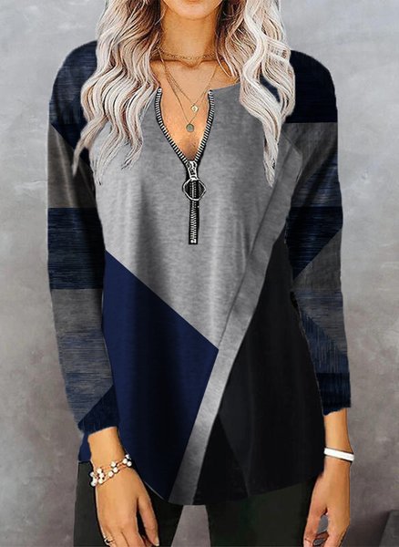 

Zipper Geometric V Neck Shirts & Tops, Blue, Tops