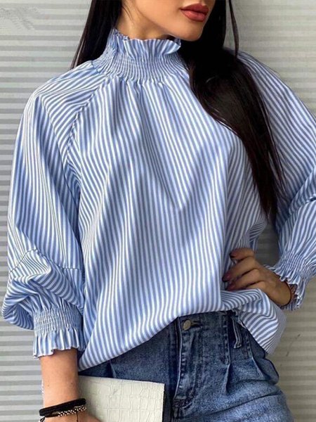 

Striped Stand Collar Daily Top, Blue, Tops