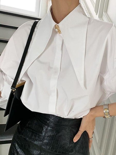 

Shirt Collar Simple Loosen Plain Top, White, Blouses and Shirts