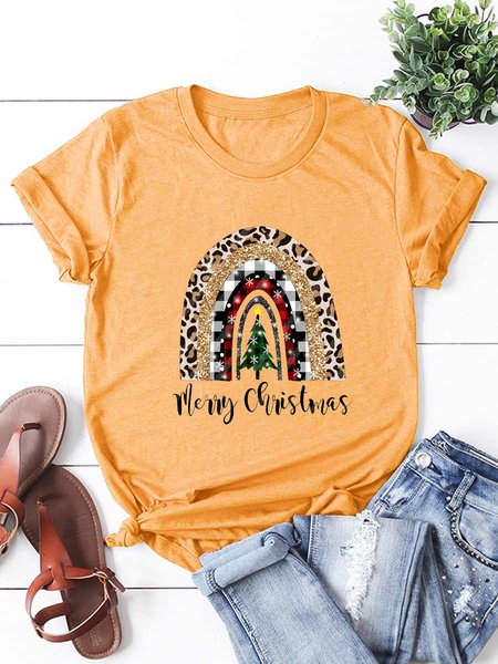 

Christmas print round neck short-sleeved cotton T-shirt, Light orange, T-shirts