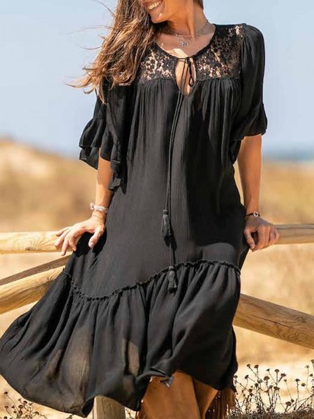 

Lace Plain V Neck Half Sleeve Casual Midi Dresses, Black, Midi Dresses